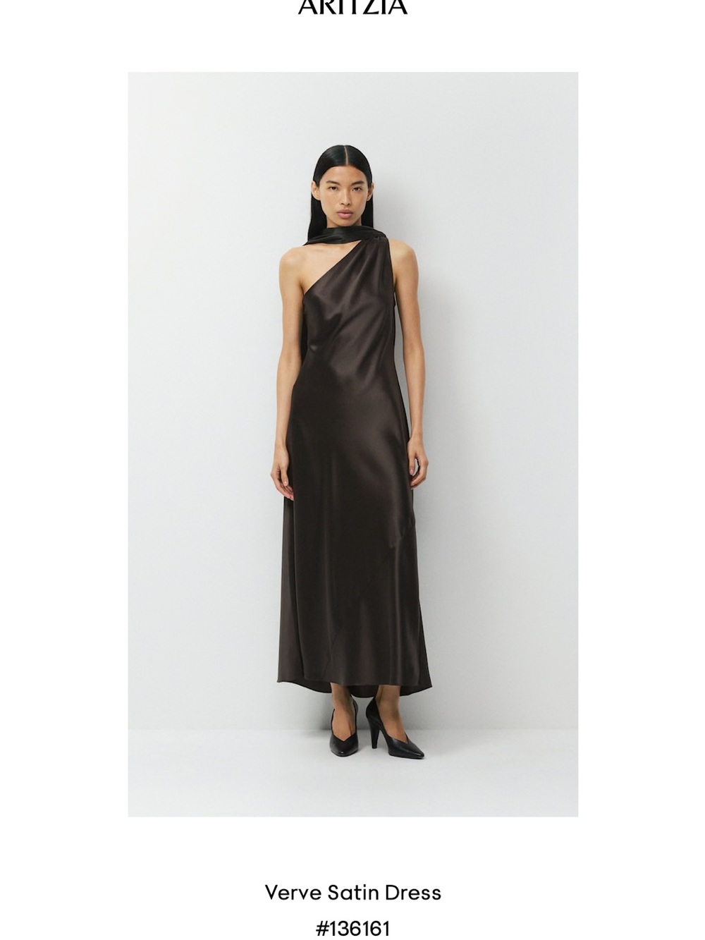 Aritzia Verve Satin One-Shoulder Dress — Chocolate Black